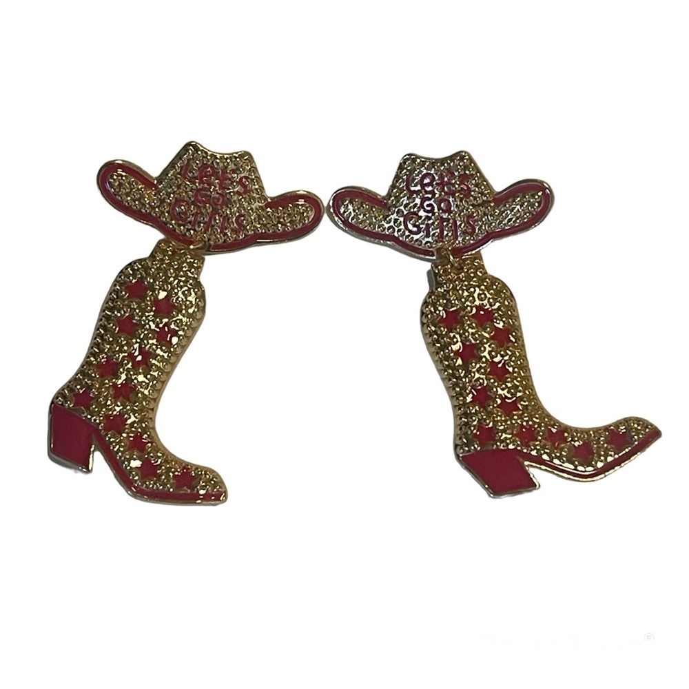 Cowboy Hat Boots Earrings Let’s Go Girls Concert Hoedown New Hot Pink Gold - Picture 2 of 16